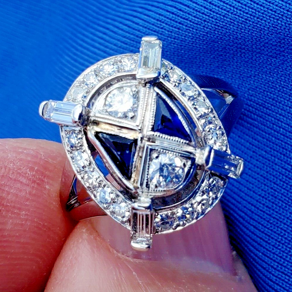 Original EARTH MINED DIAMOND Deco Sapphire Engagement Ring Vintage 18K GOLD