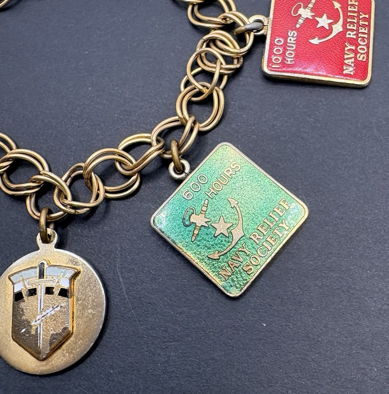 Vintage US NAVY Relief Society Charm Bracelet Gold Tone Military Engraved