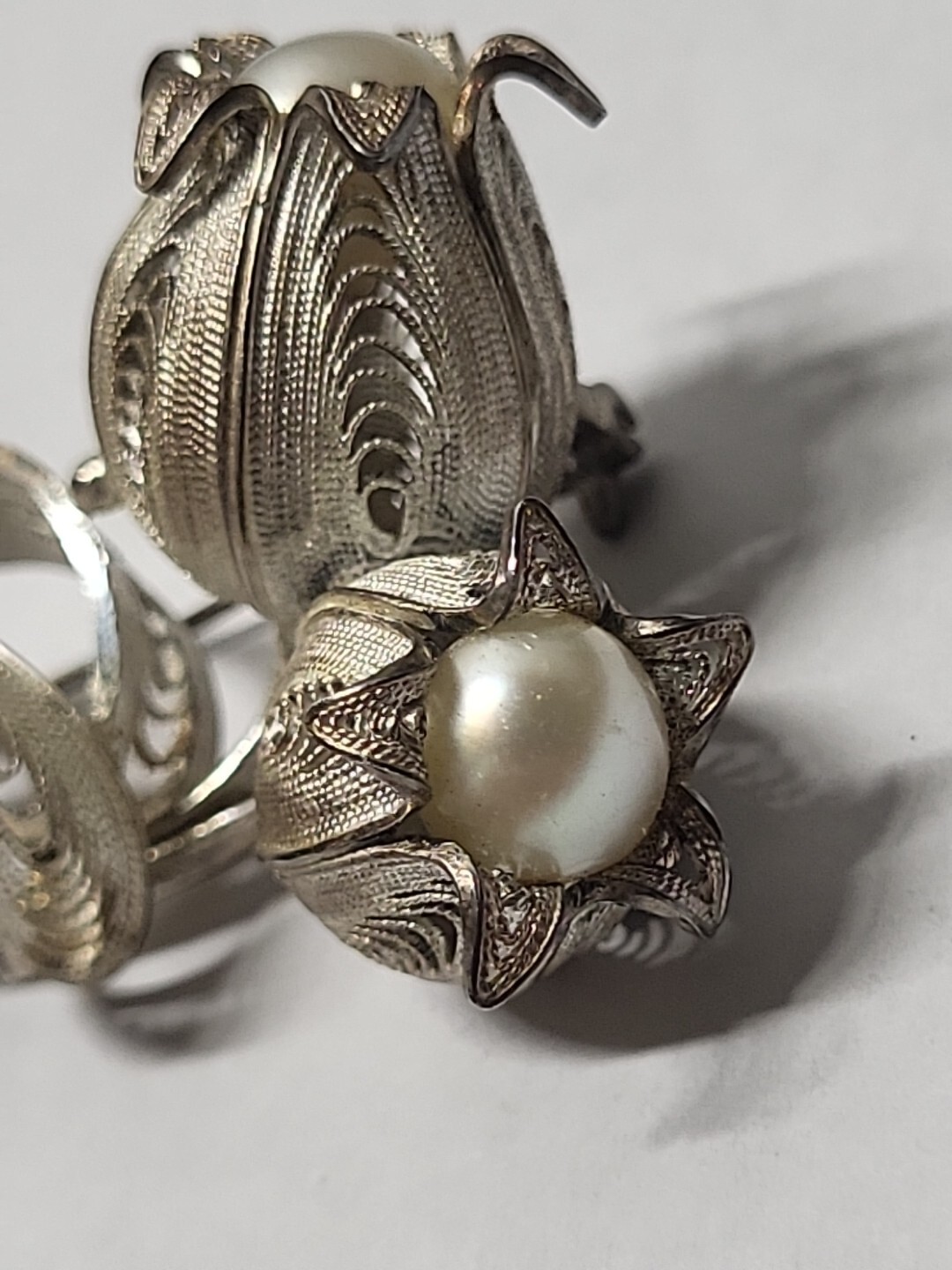 Sterling Silver Filigree Flower Vintage Japanese Akoya Cultured Pearl Brooch