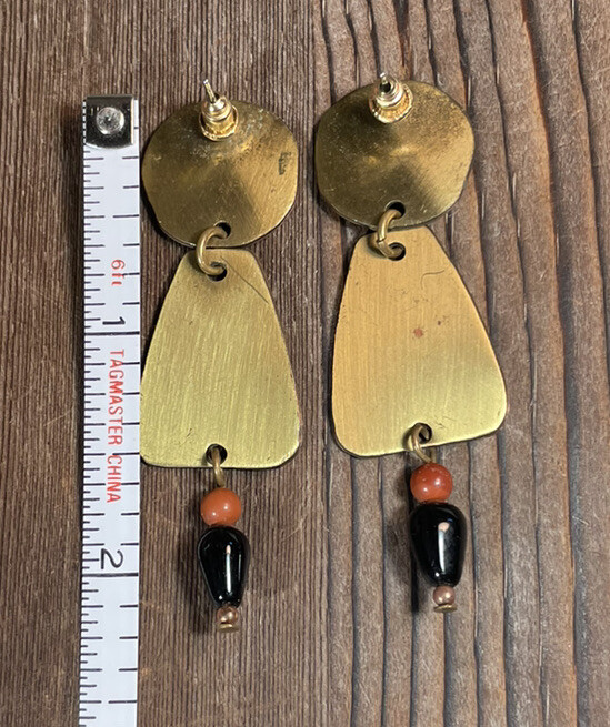 Artisan Metal Brass Stamp Pierced Earrings Sun Southwest 2.25” copper color CUTE