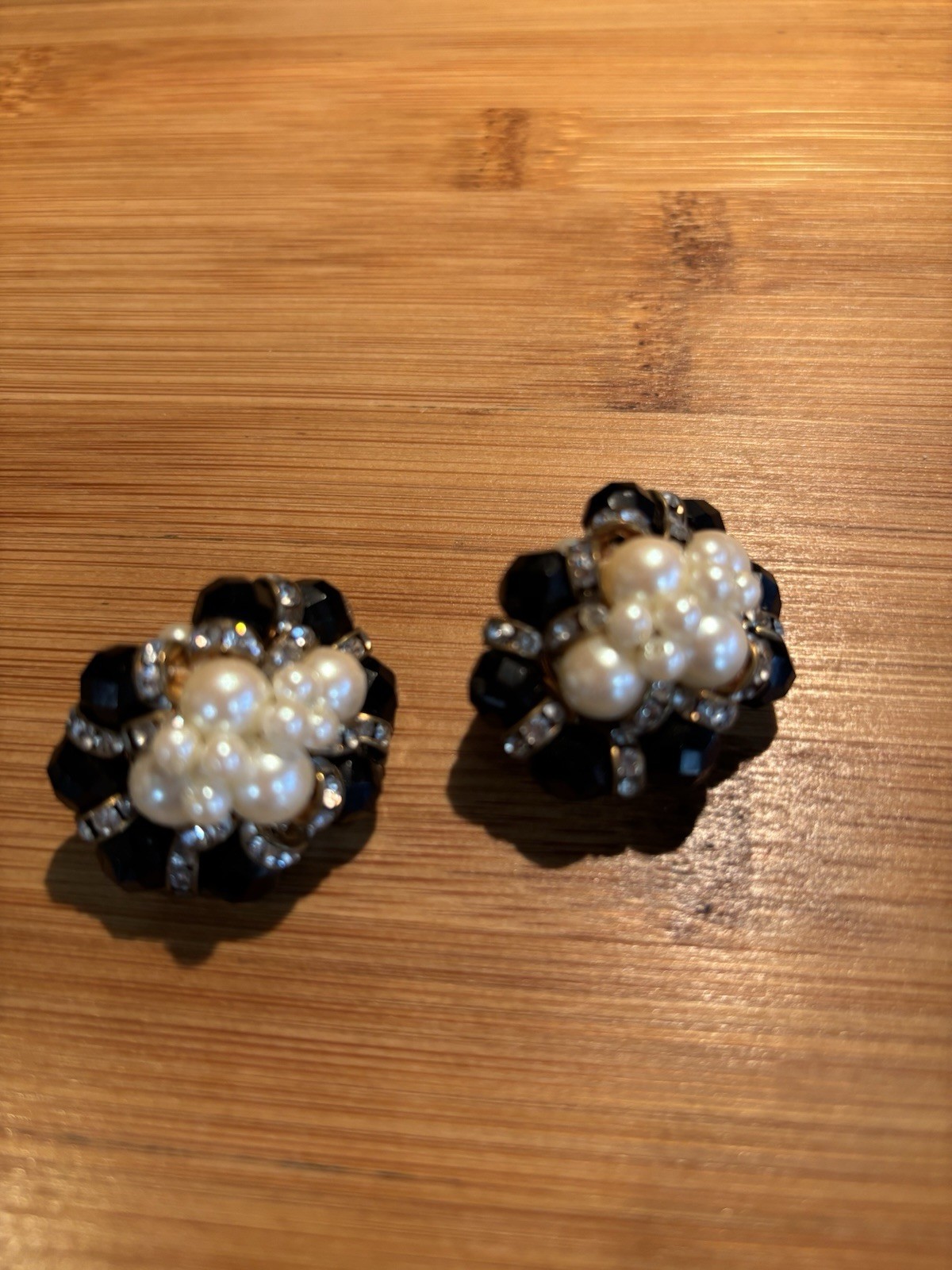 Vintage Muti- Faceted Black Cluster Bead Faux Pearl Earrings with Rhinestones