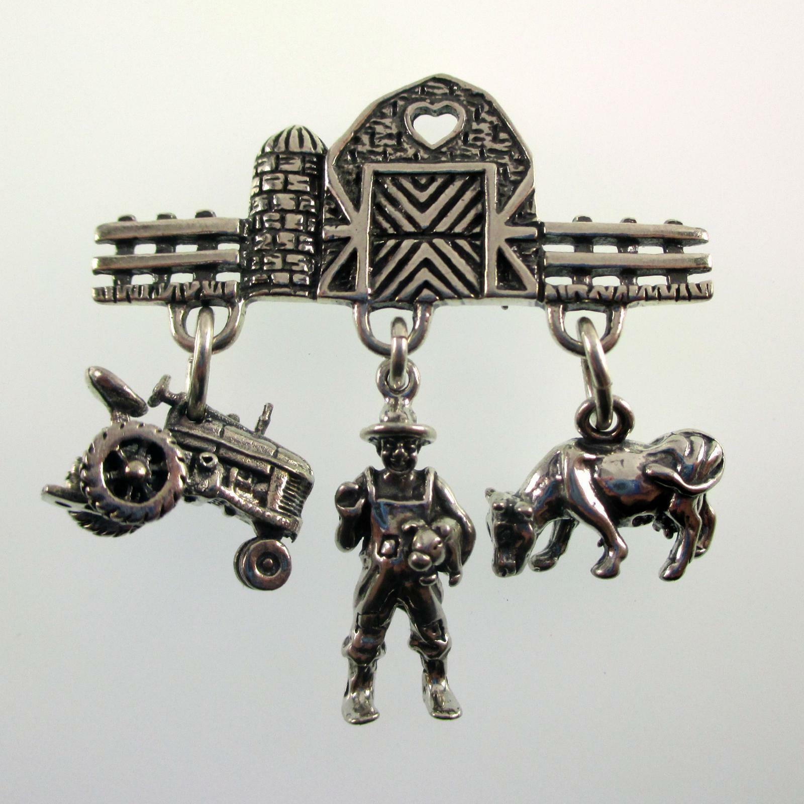 Sterling Silver FARM PIN Tractor FARMER Cow PIG Brown County Silver BARN Brooch