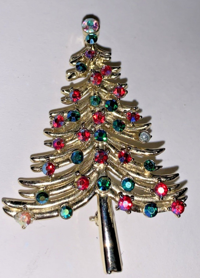 Vintage Multicolored Rhinestone Gold Tone Christmas Tree Pin None Missing
