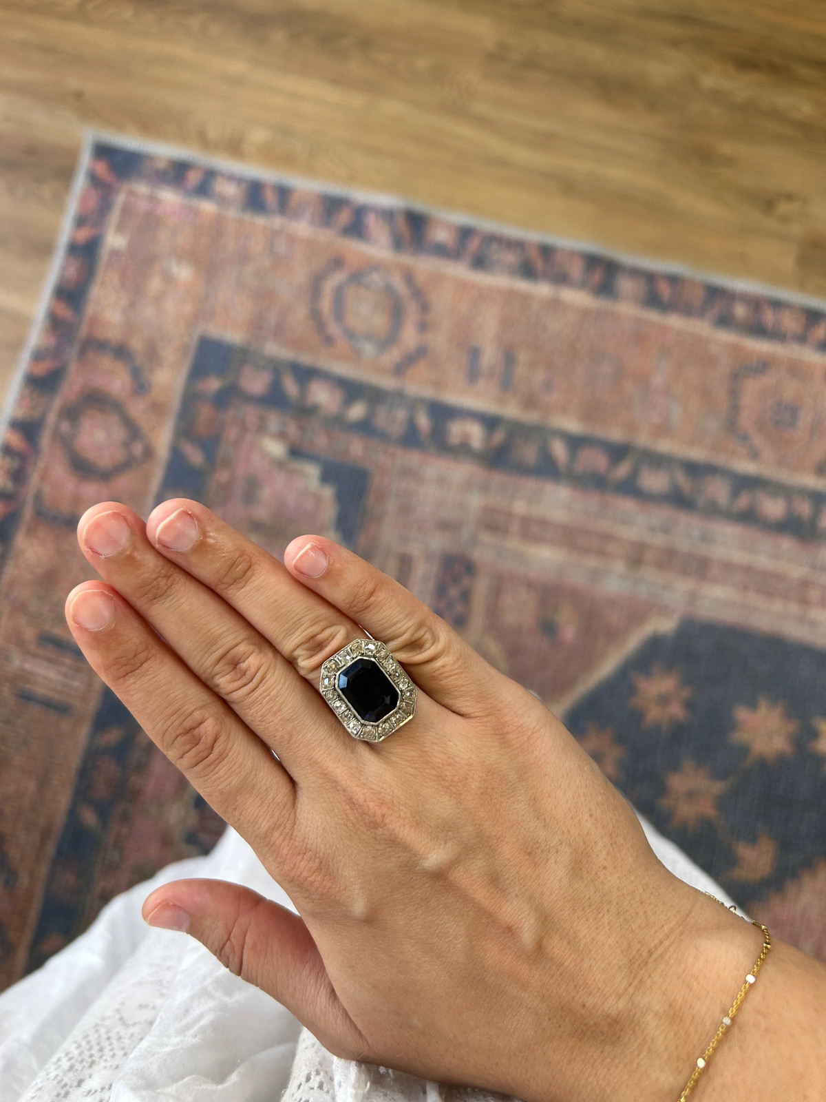 Old Mine Cut Diamond Sapphire Ring