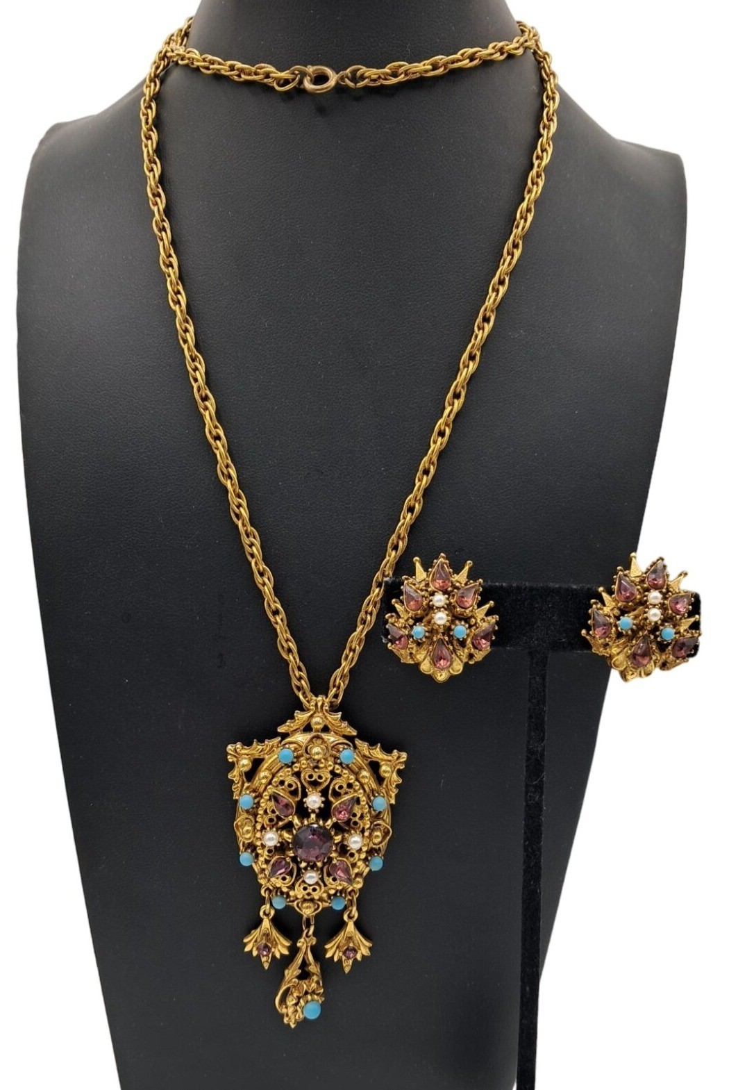 Florenza Rhinestone Jewelry Set Necklace Earrings Purple Rhinestones Blue