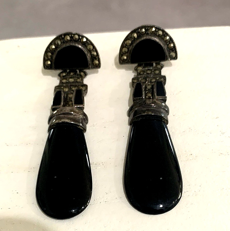Vintage Signed 925 ND Sterling Black Onyx & Marcasite PE Dangle Earrings