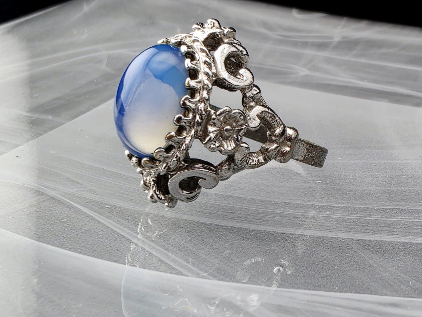 Vintage Blue Opaline Color Shifting Glass Cab Ring Ornate Silver Tone Size 6.5