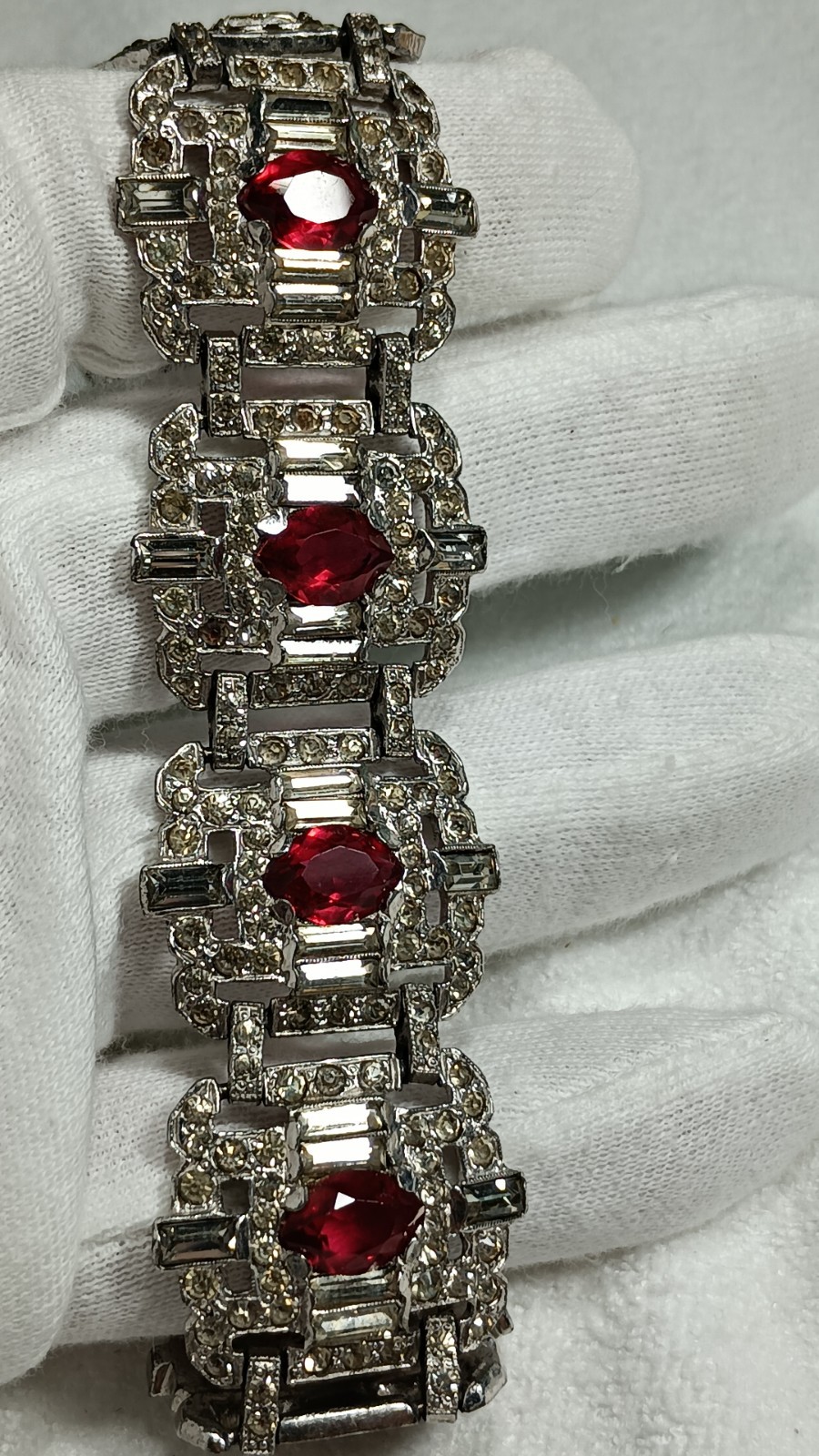 Art Deco Trifari Unsigned KTF Silver Tone Clear And Ruby Red Panel Bracelet 7 In