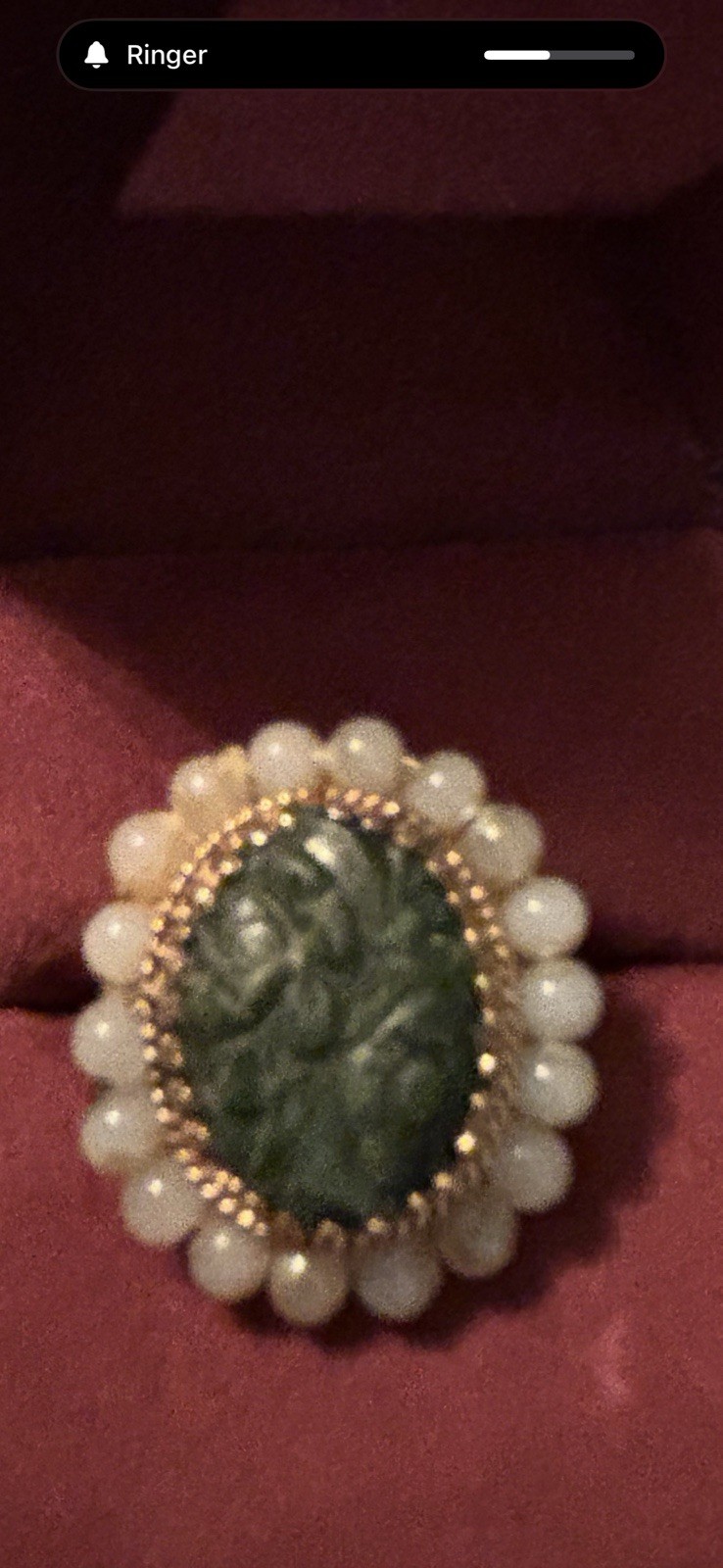 JANUARY SPECIAL – Vintage Carved Jade & Pearl 14K Yellow Gold Ring