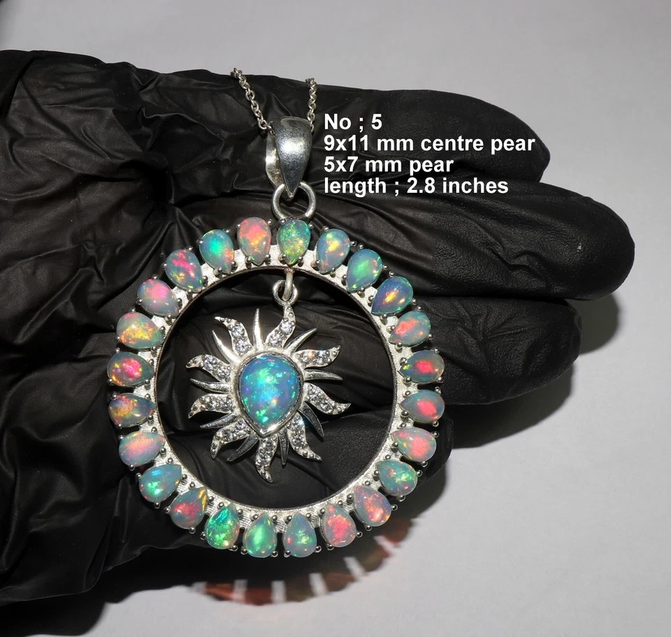 Natural Ethiopian opal pendant with sterling silver fire opal gemstone necklace