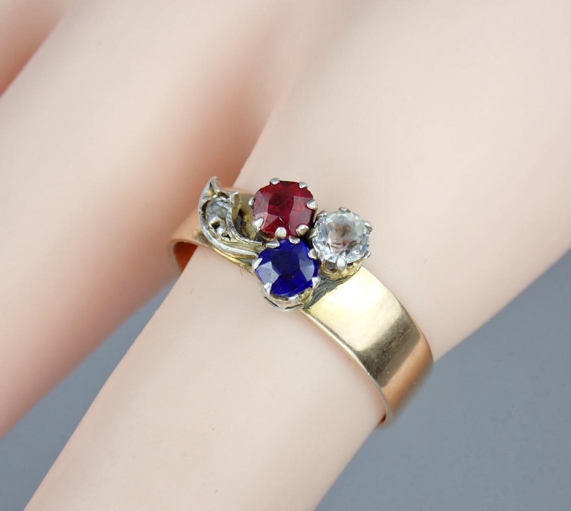 Charming Antique Victorian 14K Rose Gold Red White Blue Paste Floral Ring Size 8