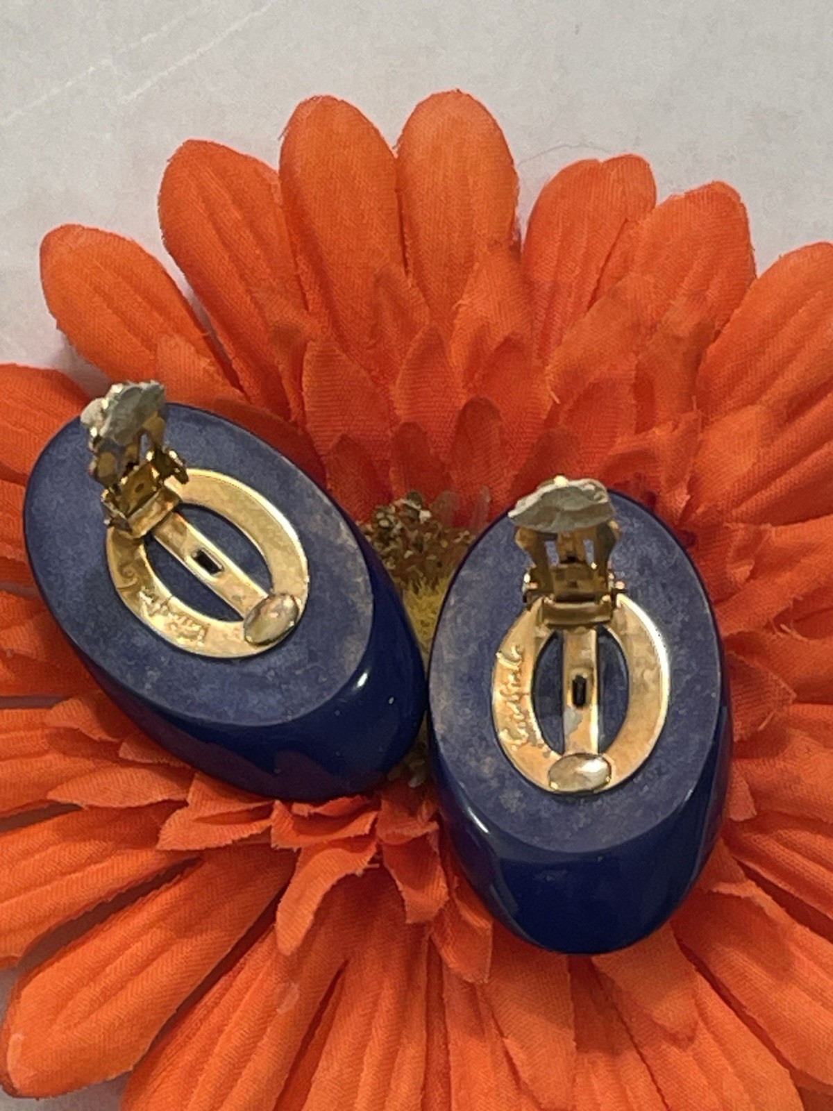 Kai-Yin Lo Signed Earrings Modernist Lapis Blue Clip-on 1.5″ Hong Kong Designer