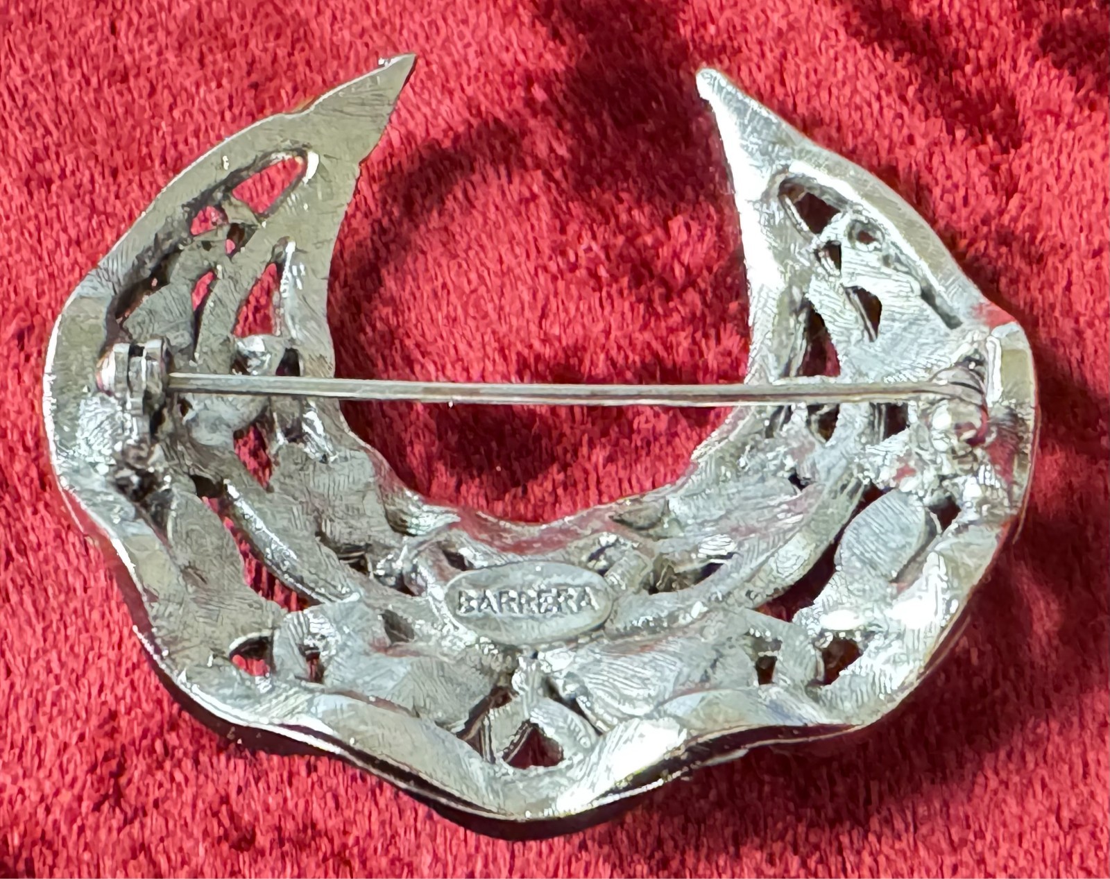 Vintage Barrera Crescent Moon-shaped Brooch Pin with Clear Sparkling Rhinestones