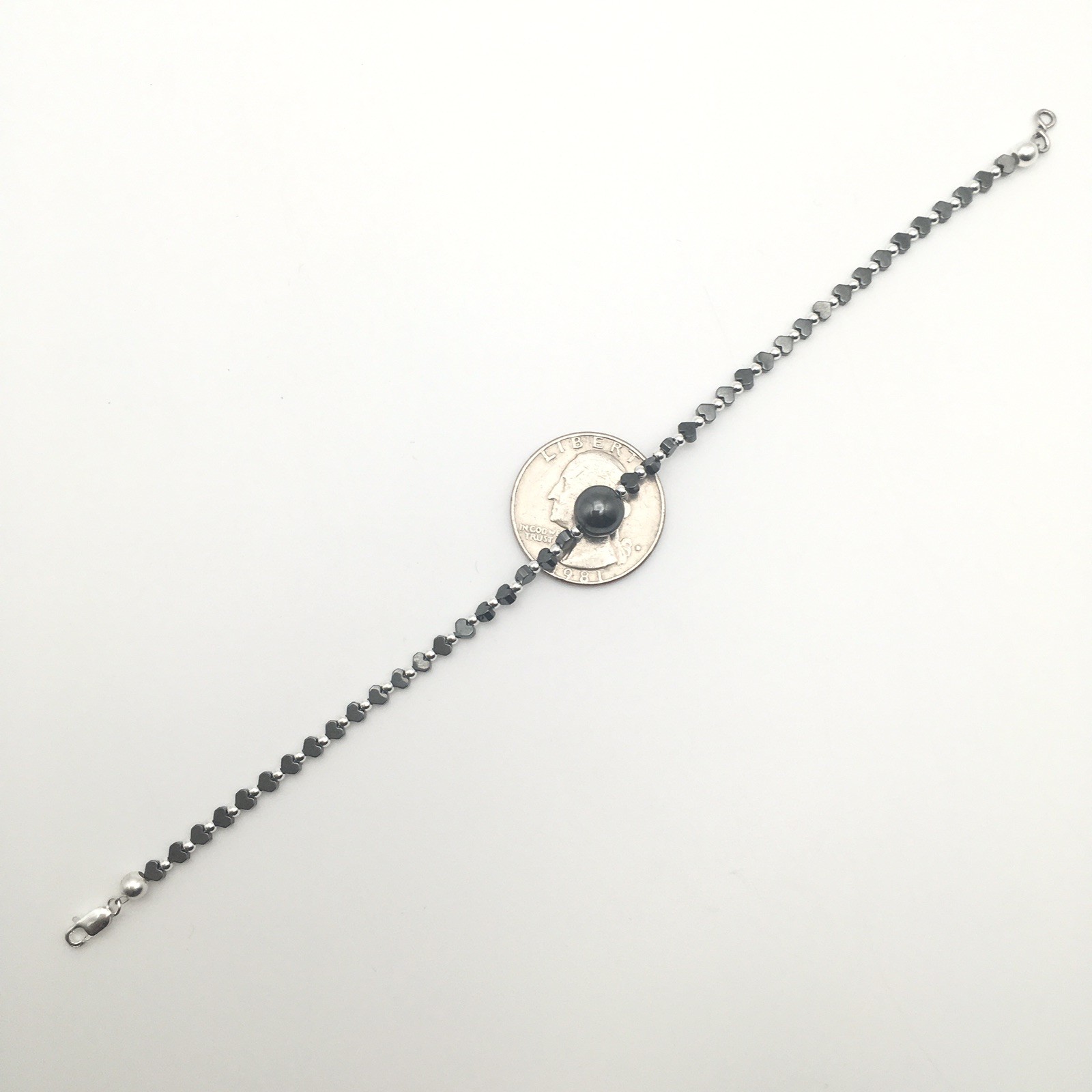 Sterling Silver & Hematite Heart Bracelet 7.75” Marked 925 4.5g #39