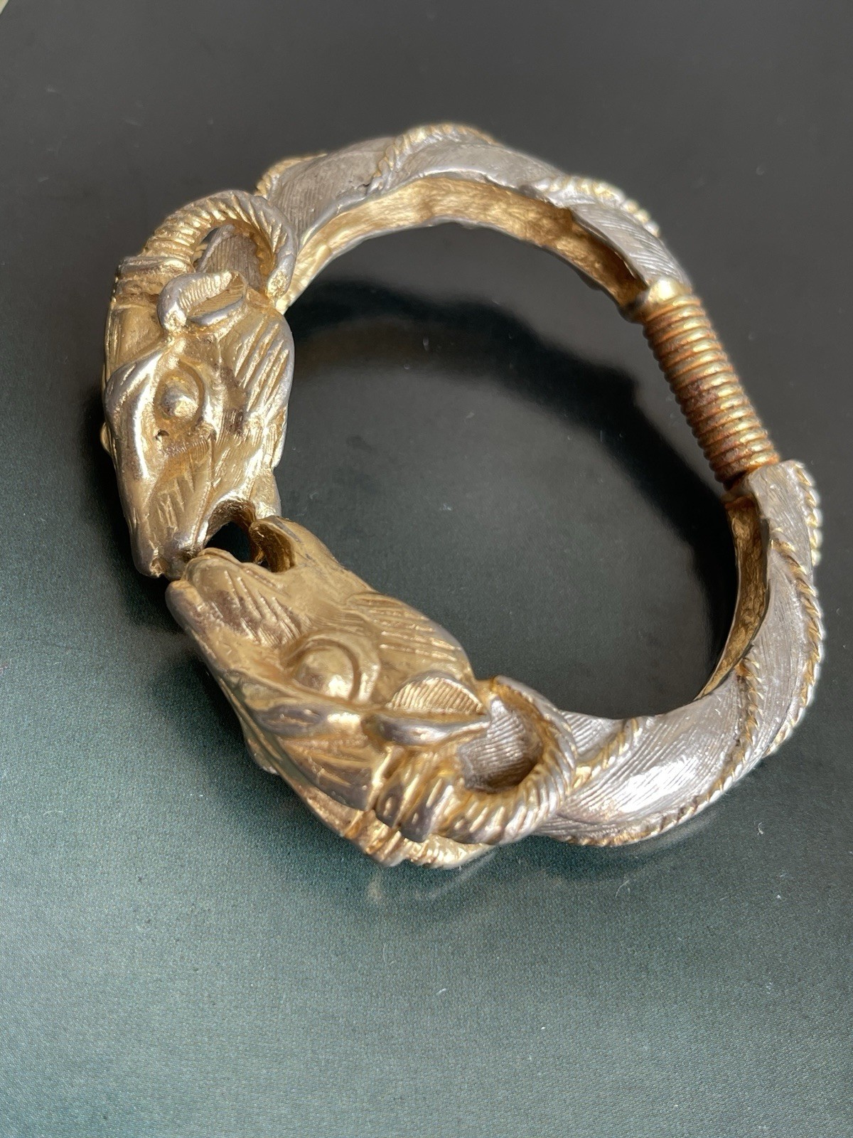 Vintage signed Donald Stannard double Ram head gold tone hinged clamper bracelet