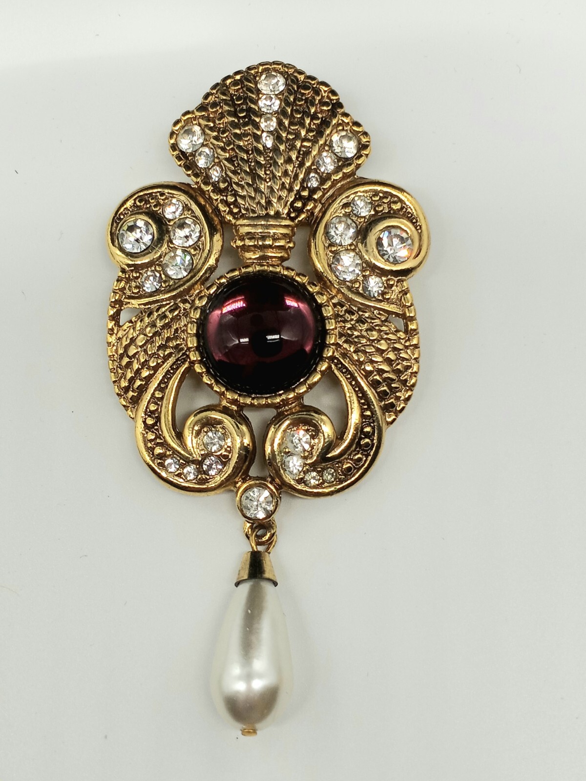 Jeff Lieb 1980s Goldtone Large Brooch Purple Cabachon And Faux Pearl Dangle