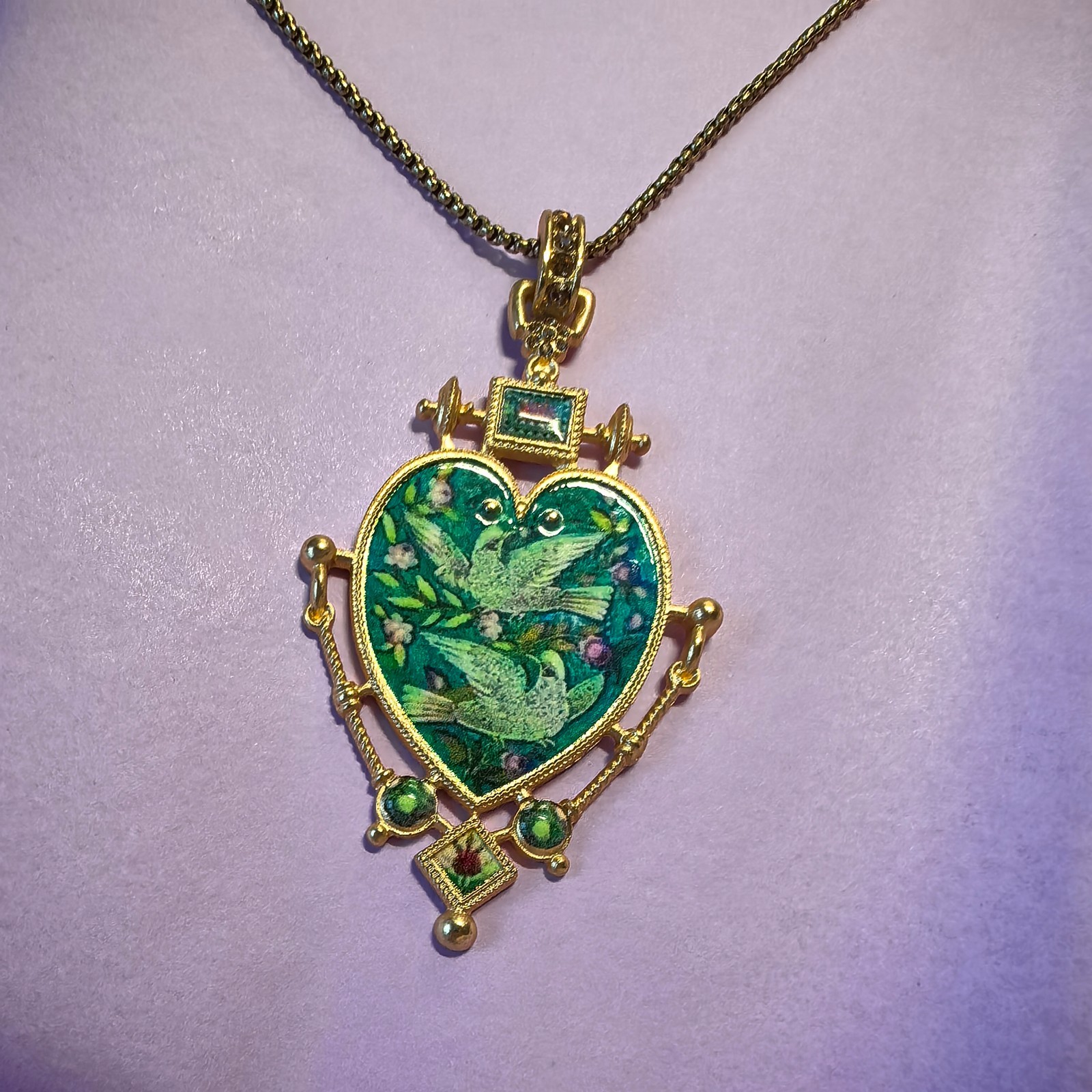 Vintage European Heart Enamel Necklace Unique Dove Inlay Retro Pendant Jewelry
