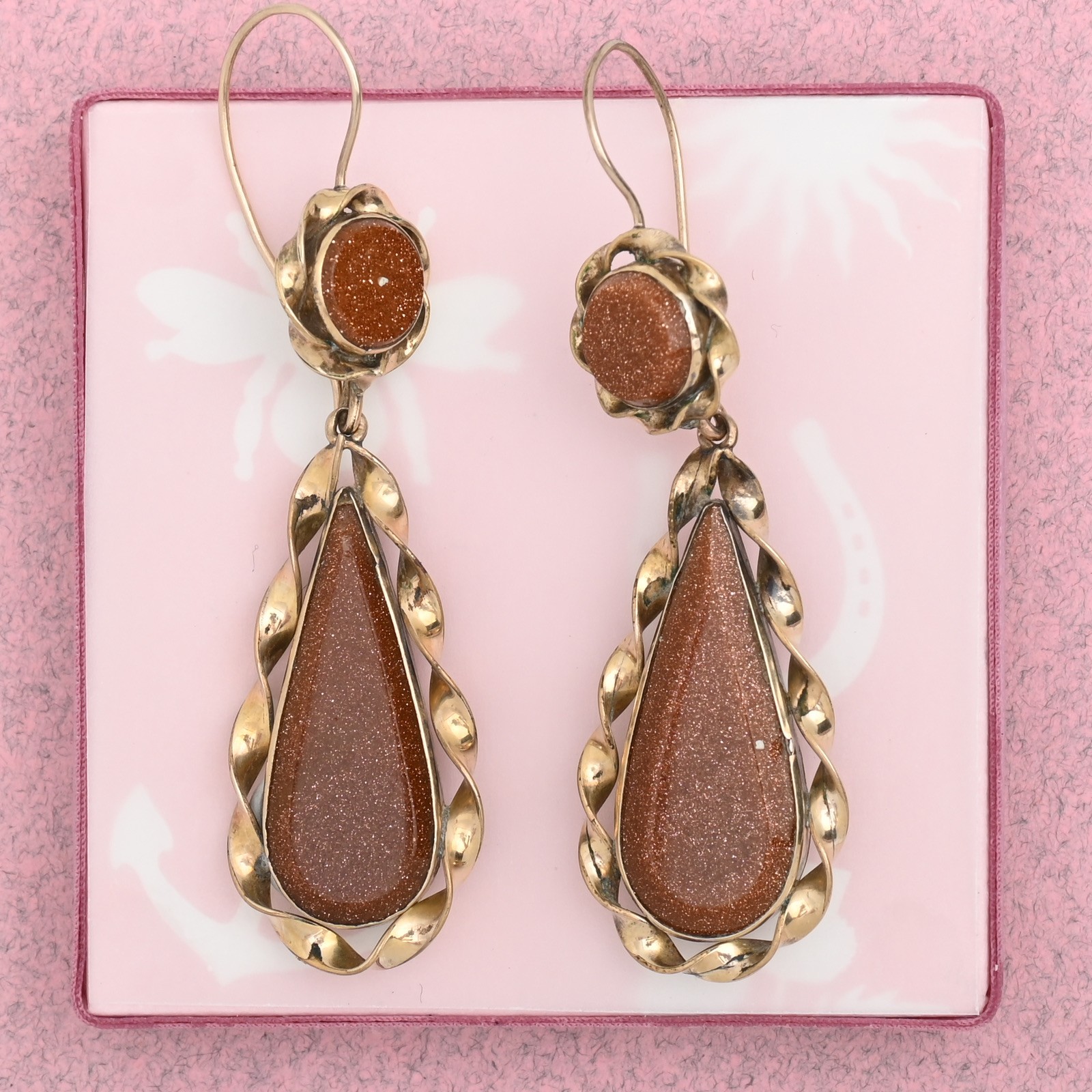 Antique Victorian 2″ Goldstone Glass Gold Filled Pendant Dangle Drop Earrings