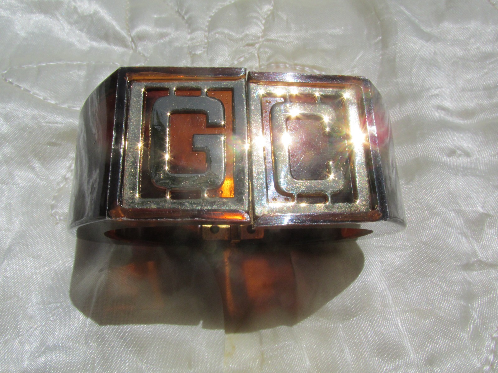Vintage Lucite Clamper Bracelet GC Initials Brown 6.5″ Gold Plated Statement