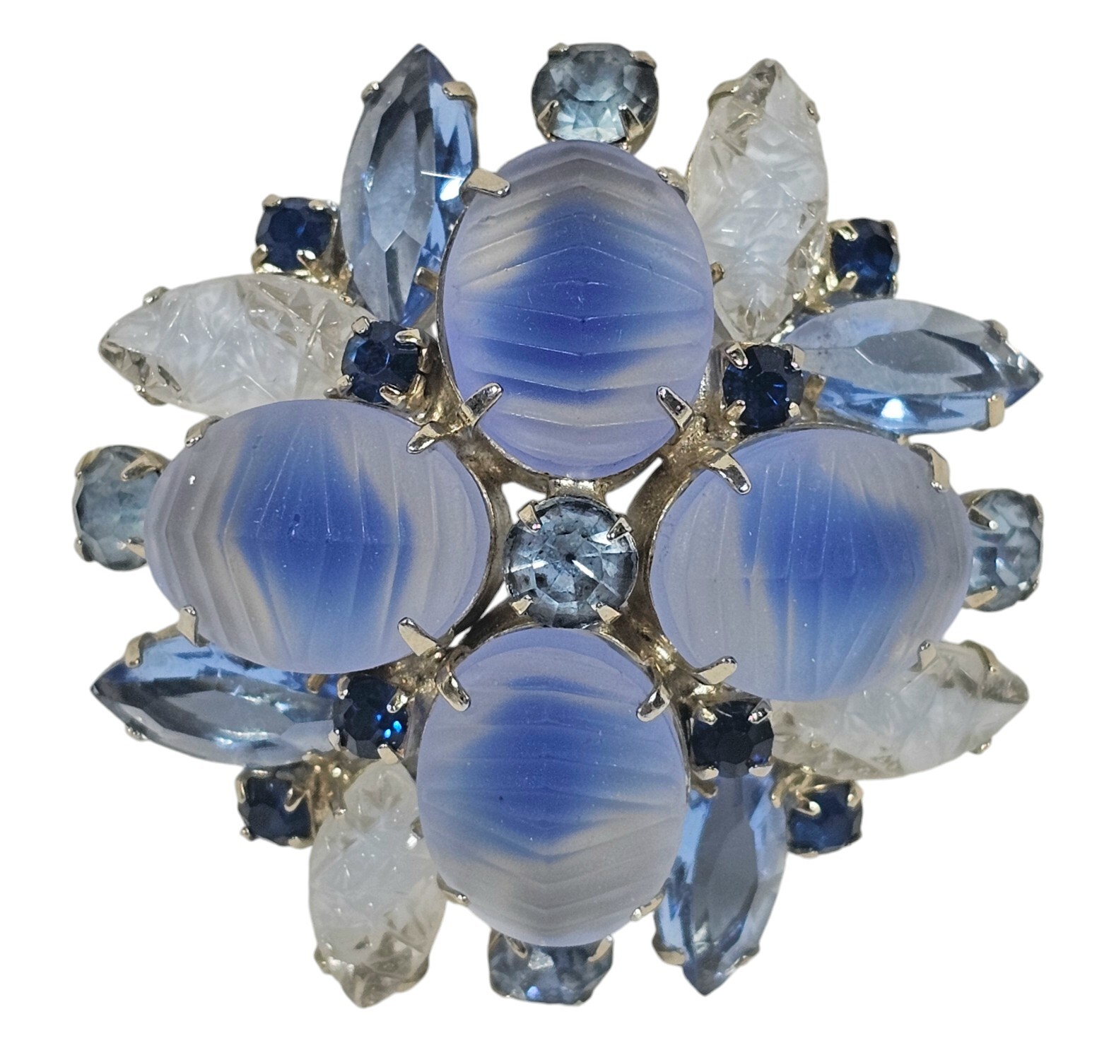 Vintage Unsigned Grosse Art Glass Snowflake Brooch Blue & White Rhinestones