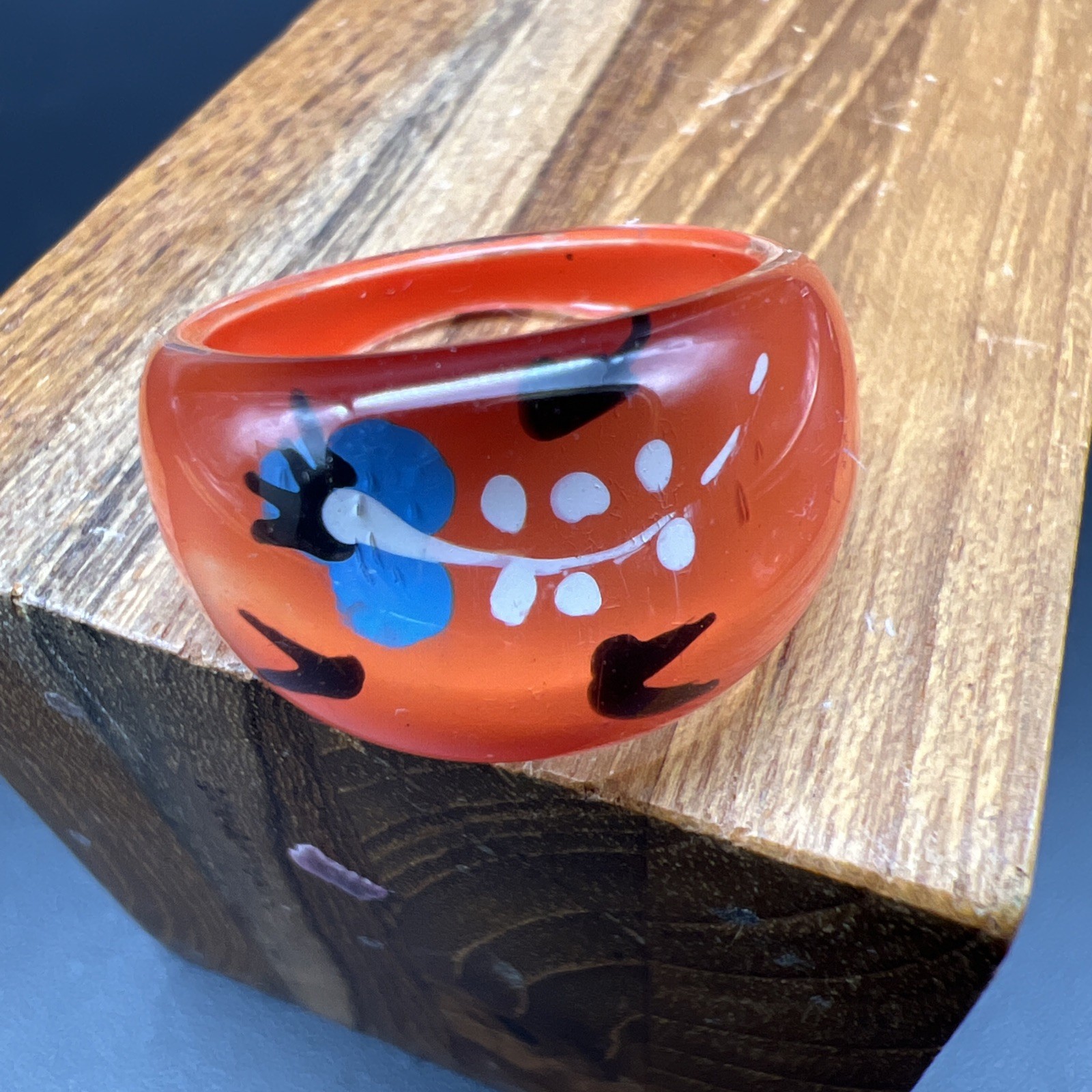 Acrylic/Resin Rings/Multi Stripe (8) and Orange w/Floral Design (9) /70s Style