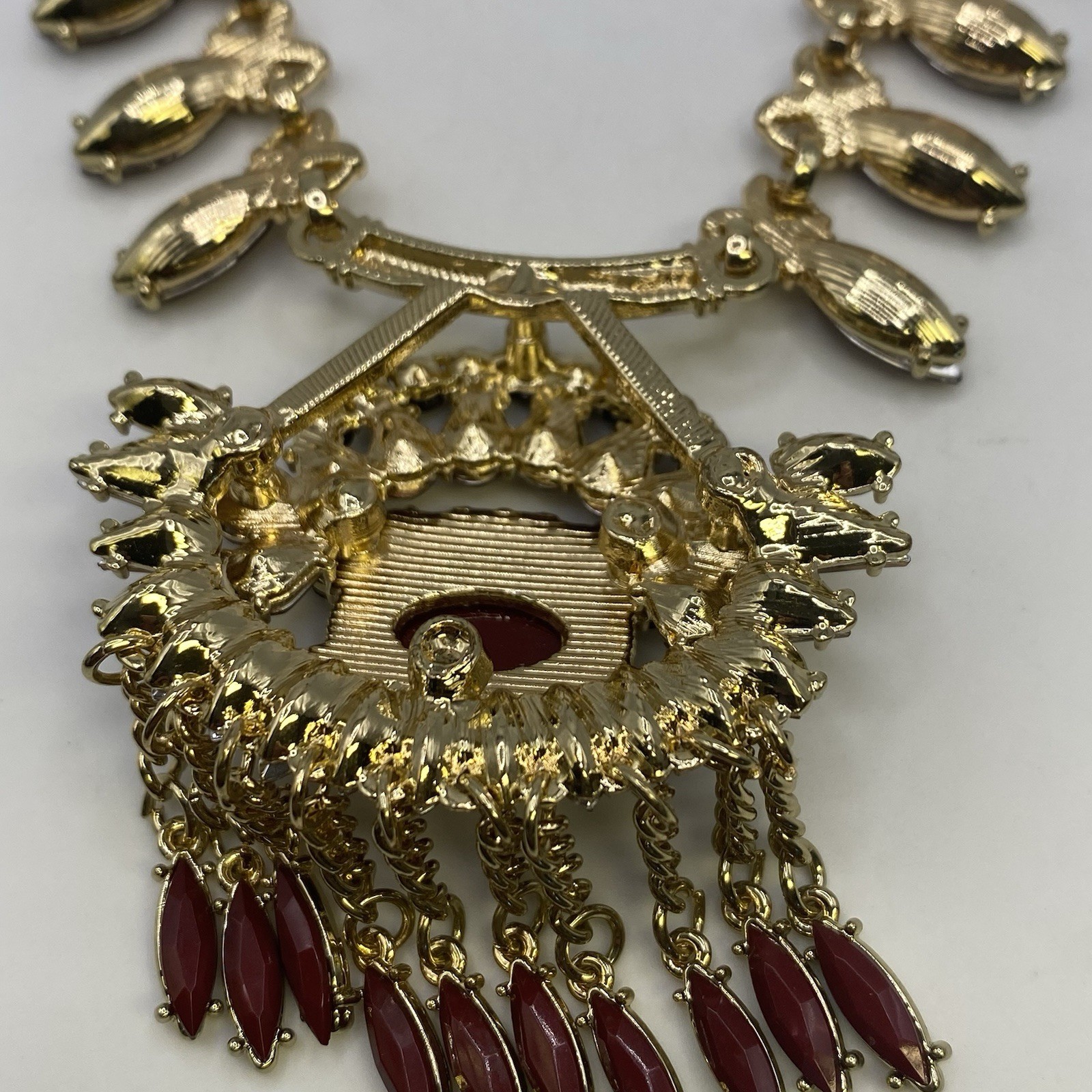 NY Signed Rhinestone Cabochon Tassel Statement Necklace Adjustable Jewelry