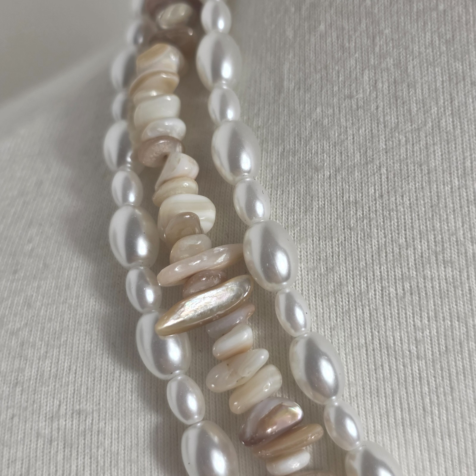 Vintage Inspired Multi-Strand Necklace Faux White Pearls & Earthtone Shell Chips