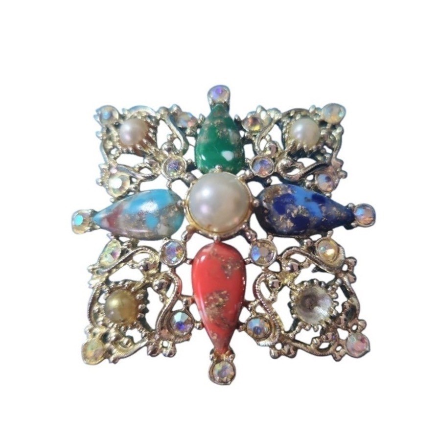 Vintage Sarah Coventry Signed Galaxy 1960s 2″ Brooch Multi-Stone Gold Tone MCM