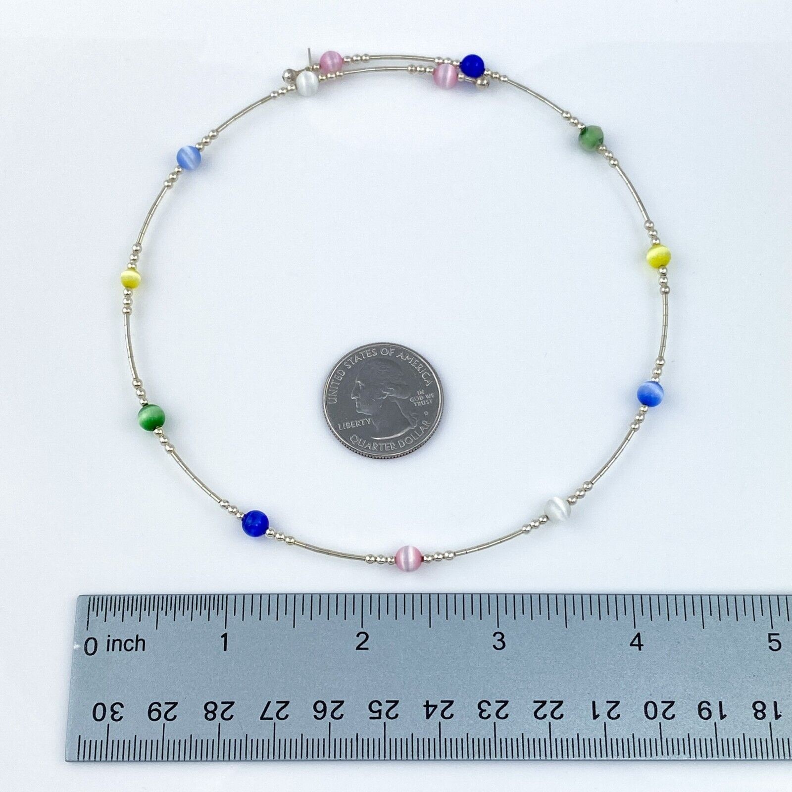 Memory Wire Multicolor Cat’s Eye Choker Necklace | Sterling Silver 925 | 15.5″