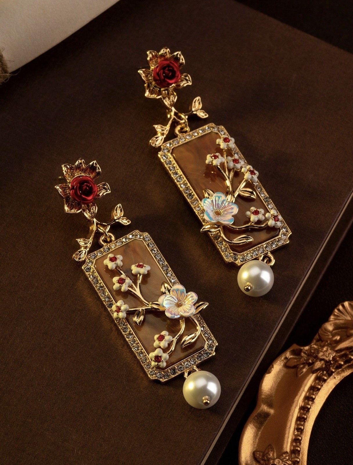 Vintage Floral Drop Earrings Red Rose Pearl Dangle Elegant Art Deco