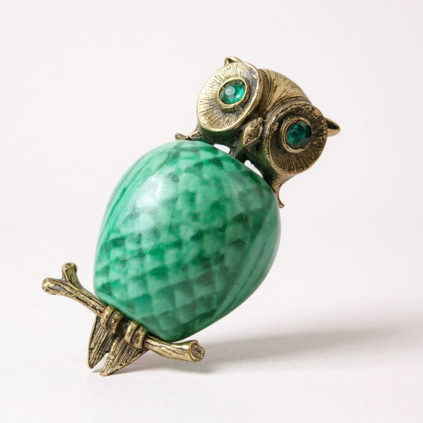 Vintage Owl Brooch Green Ceramic Belly and Green Rhinestone Eyes Gold Tone