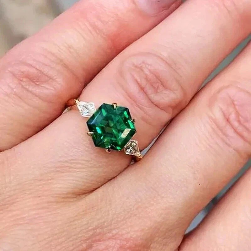 2.95Ct Art Deco Style Lab Created Hexagon Cut Emerald Anniversary Silver Ring