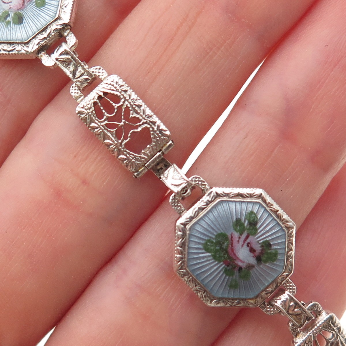 925 Sterling Antique Art Deco Enamel Floral Filigree Bracelet 7.25″ missing lock