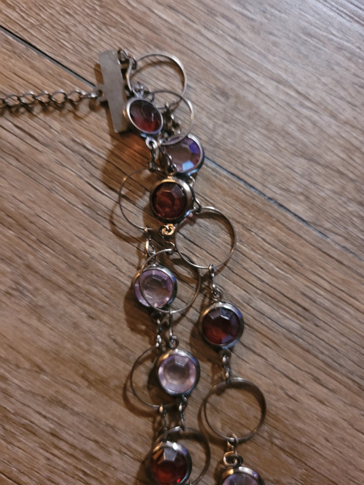Purple Bezel Set Stationed Necklace Multi Strand Gun Metel Color Lobster Clasp