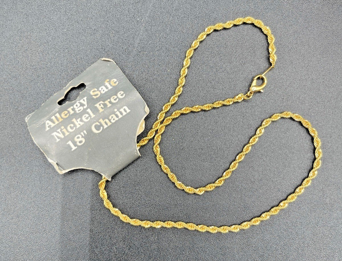 Vintage Gold Plated Rope Chain Necklace 18″ NOS Nickel Free Allergy Safe