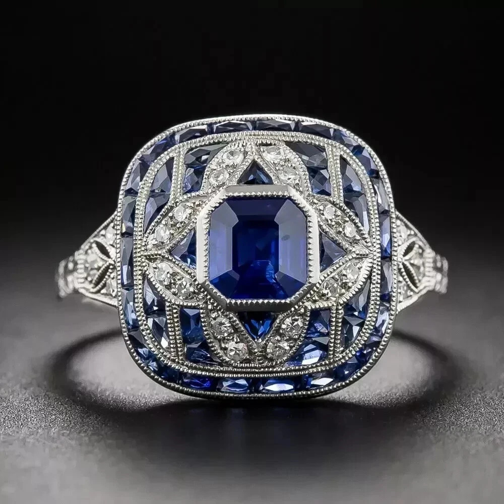 Classic Art Deco Style Emerald Lab Created Diamond 925 Silver Engagement Ring