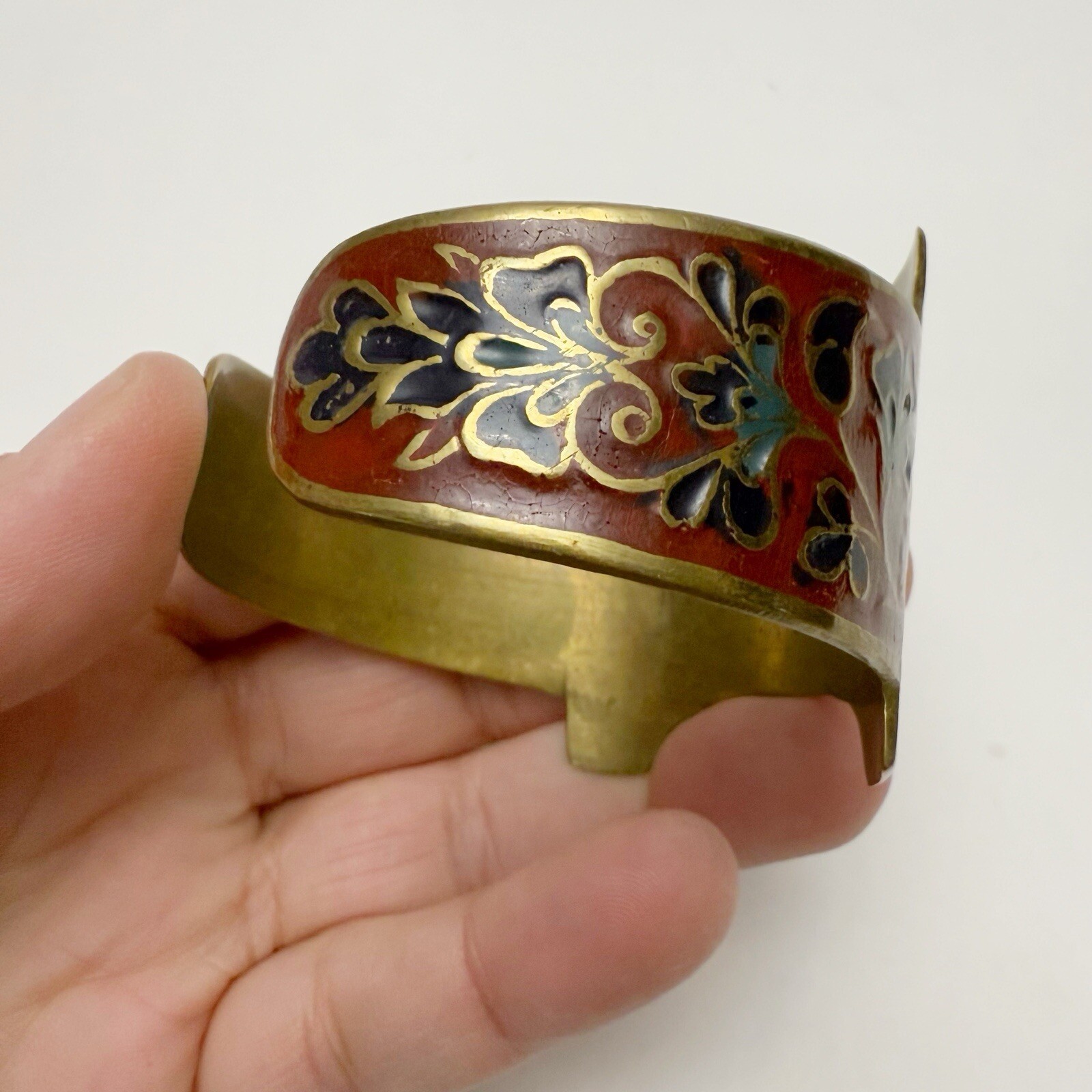 Vintage Horse Floral Red Enamel Brass Cuff Bracelet Made in India