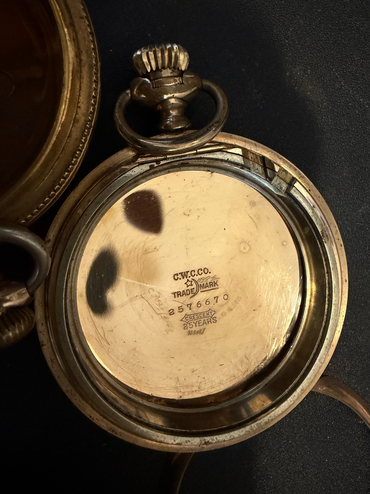 243 grams gold filled pocket watch cases. all marked “25 years”