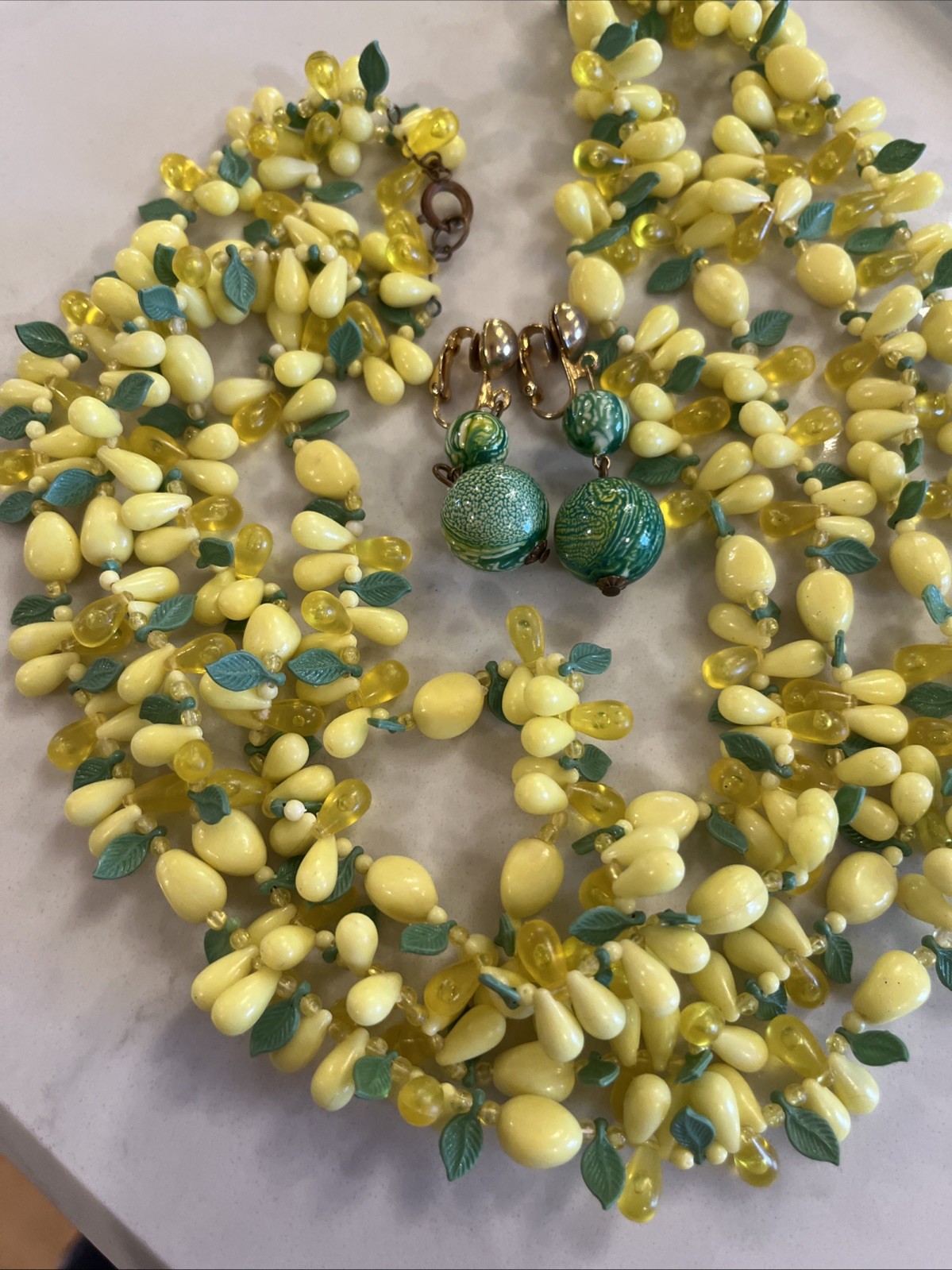 Vintage 2 Strand Tutti Fruity Lemon Necklace Czech Dangle Drop Clip Earrings Set
