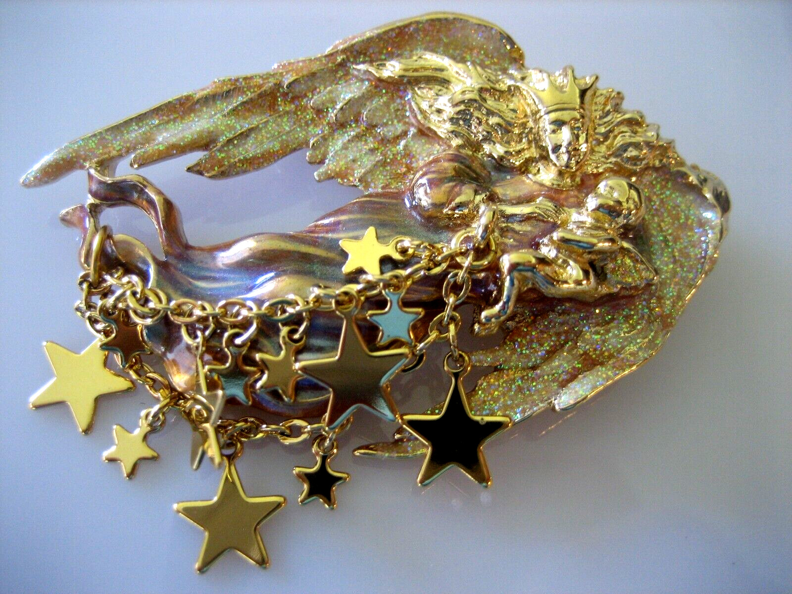 VINTAGE KIRKS FOLLY GUARDIAN ANGEL W/BABY ENAMEL STARS GLITTER BROOCH PIN