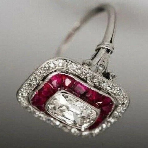 Art Deco Style Lab Created Diamond & Ruby Engagement 14K White Gold Finish Ring