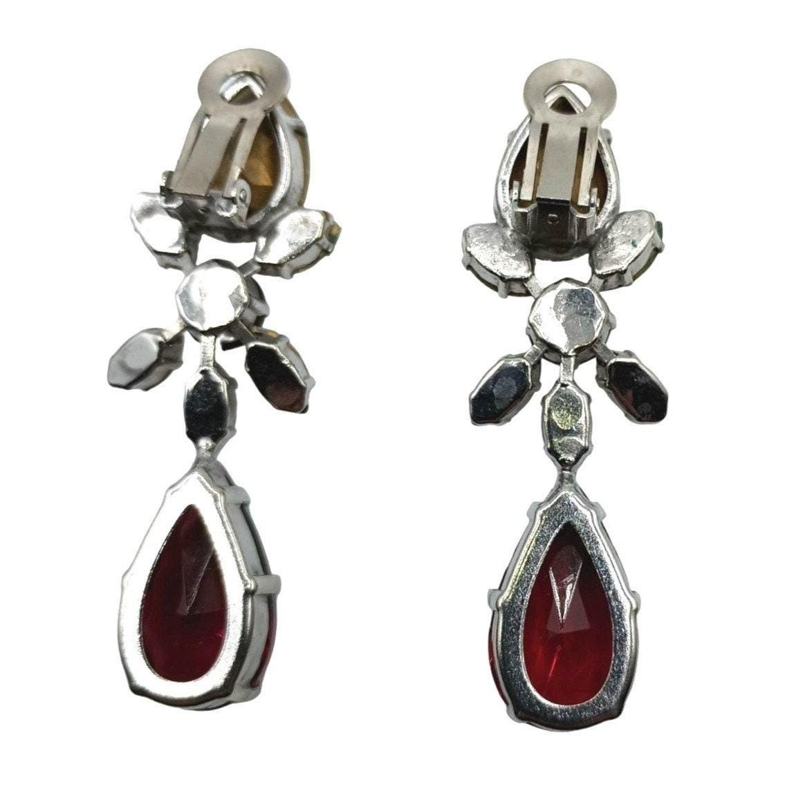 Schreiner Vintage Rhinestone Clip On Dangle Earrings Women Red Silver Tone