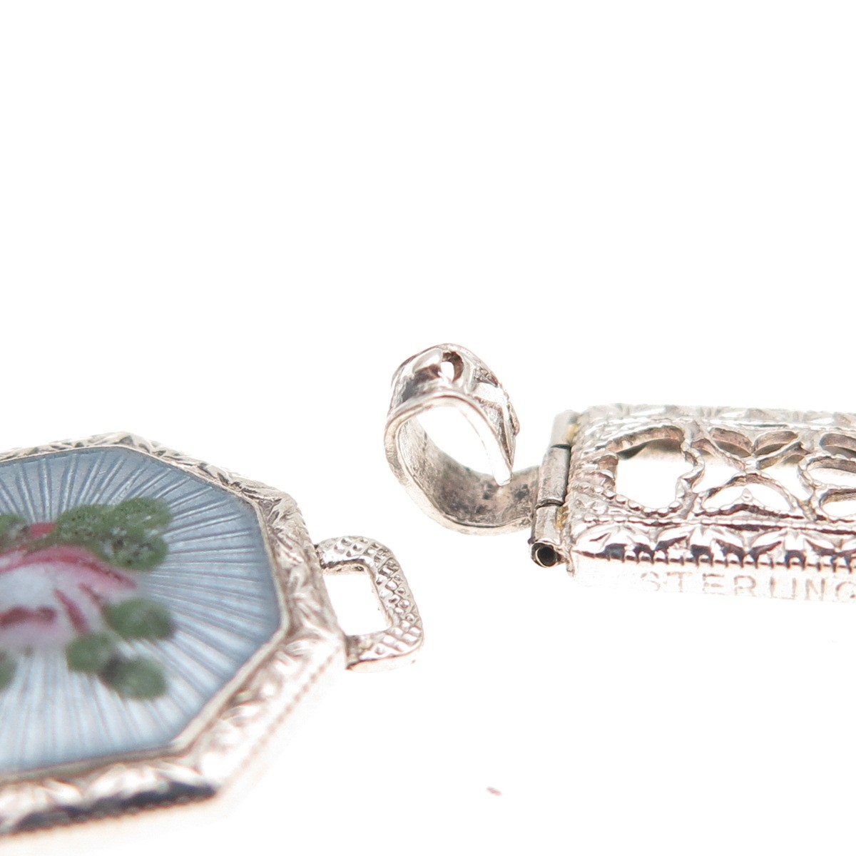 925 Sterling Antique Art Deco Enamel Floral Filigree Bracelet 7.25″ missing lock