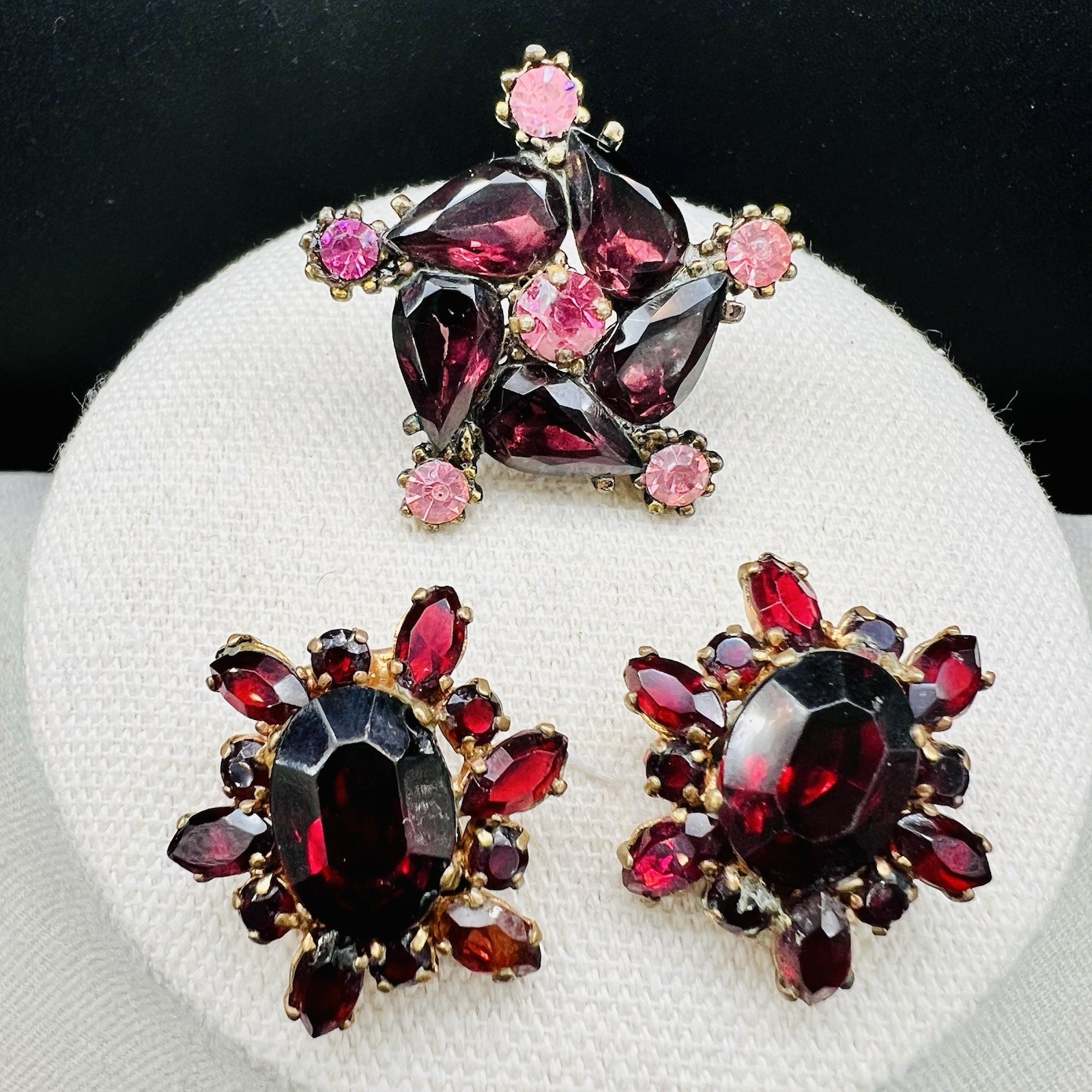 Vintage Garnet Red Plum Rhinestone Brooch Clip Earring Set Gothic Glam Statement