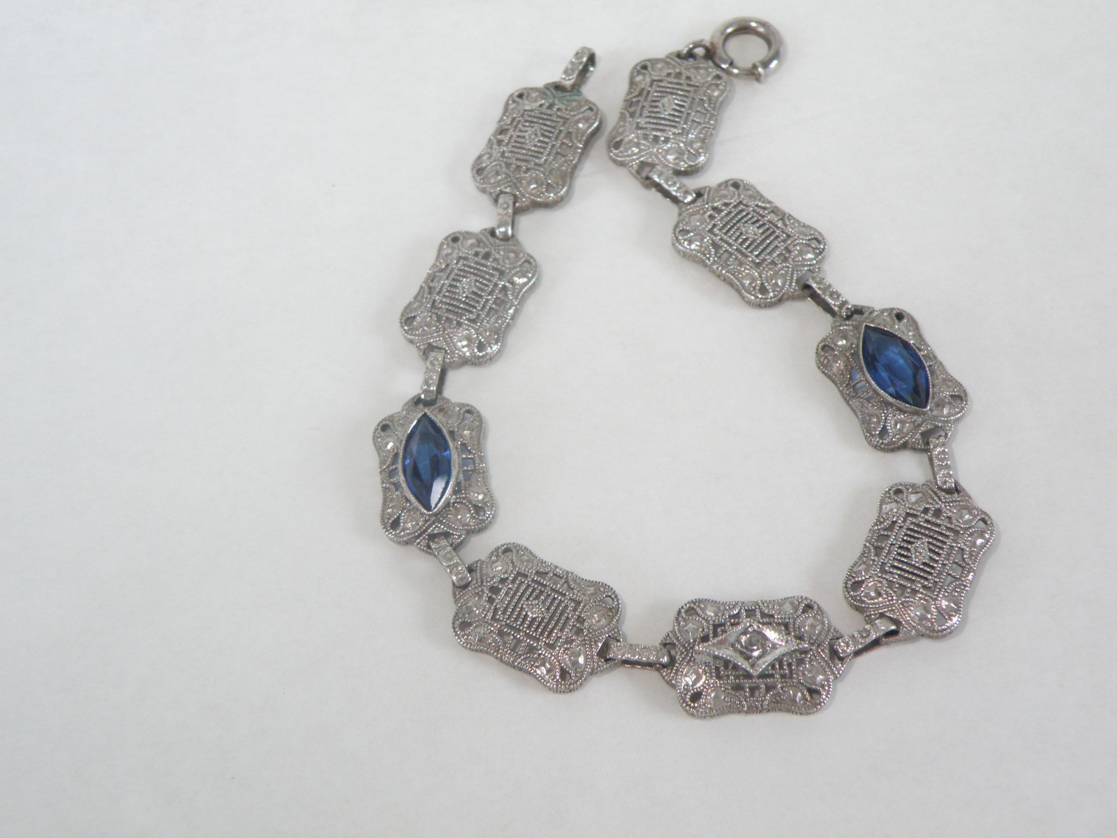 Art Deco Sterling Silver Sapphire Paste Filigree Station Antique Bracelet 7.5″