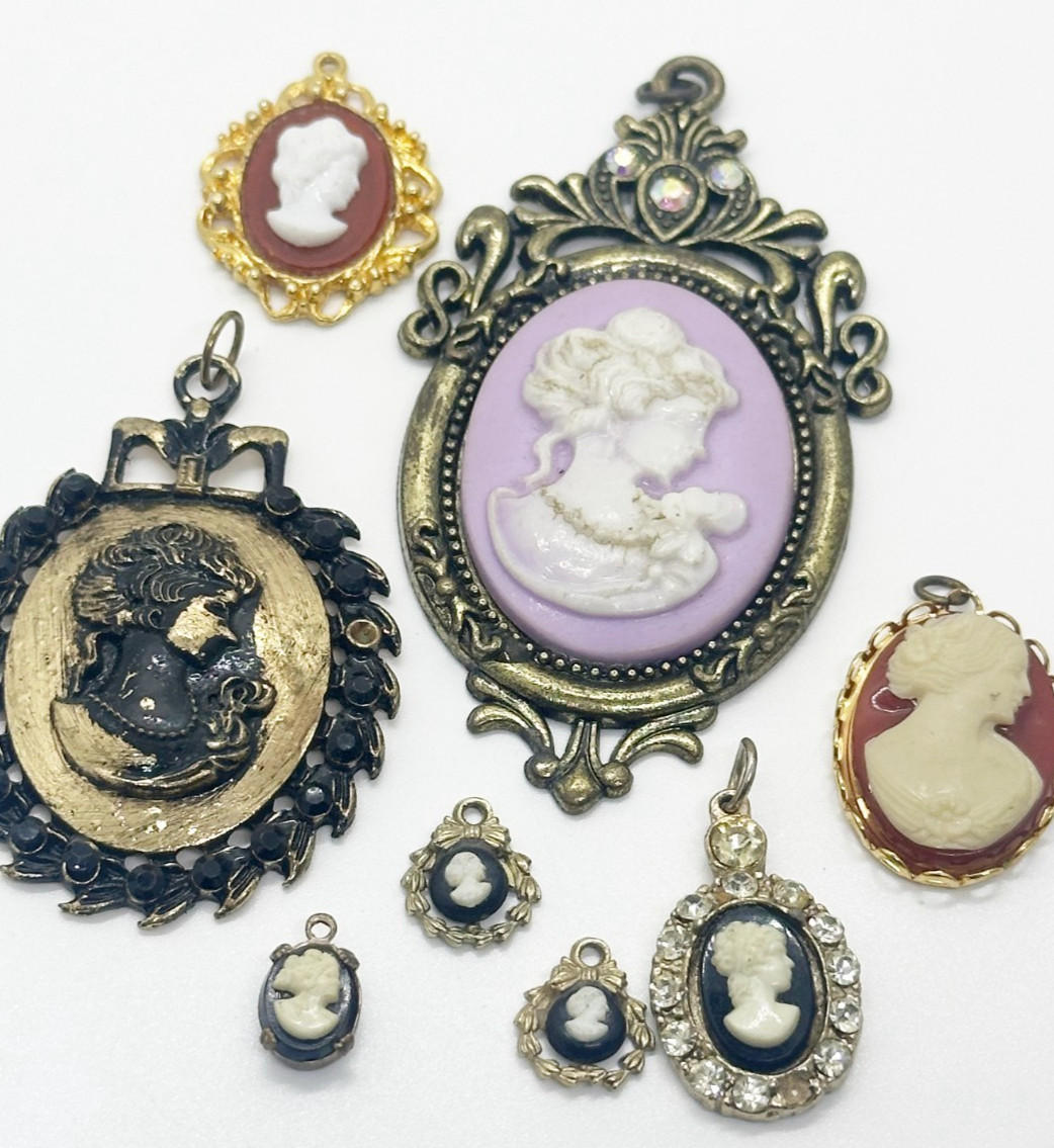 Vintage Cameo Brooch Pendant Lot of 8 Resin Gold Tone Victorian Revival