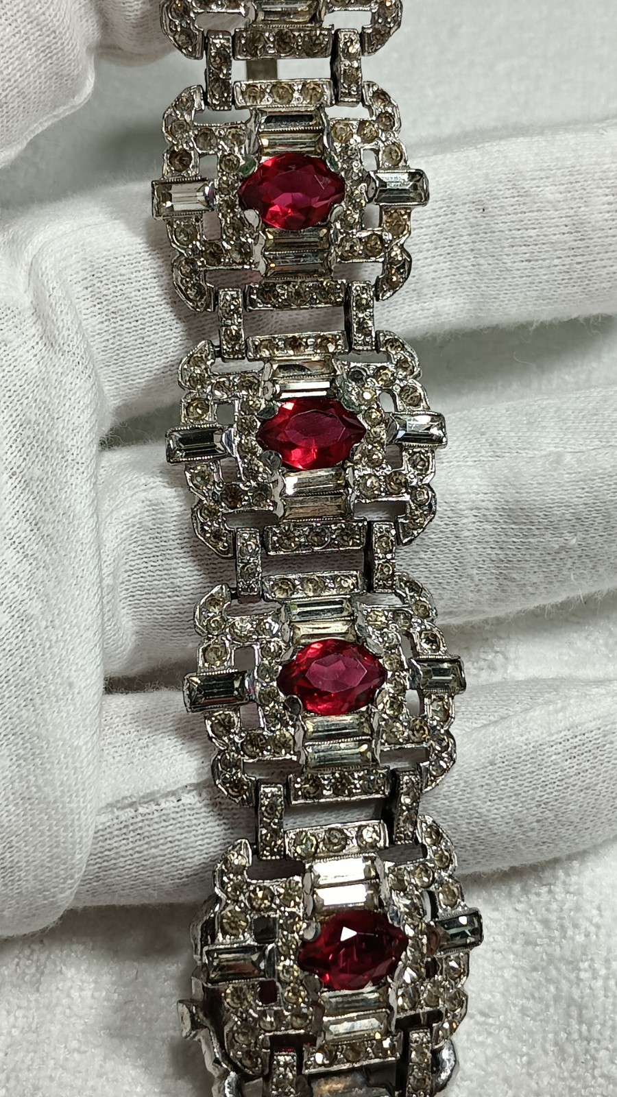 Art Deco Trifari Unsigned KTF Silver Tone Clear And Ruby Red Panel Bracelet 7 In