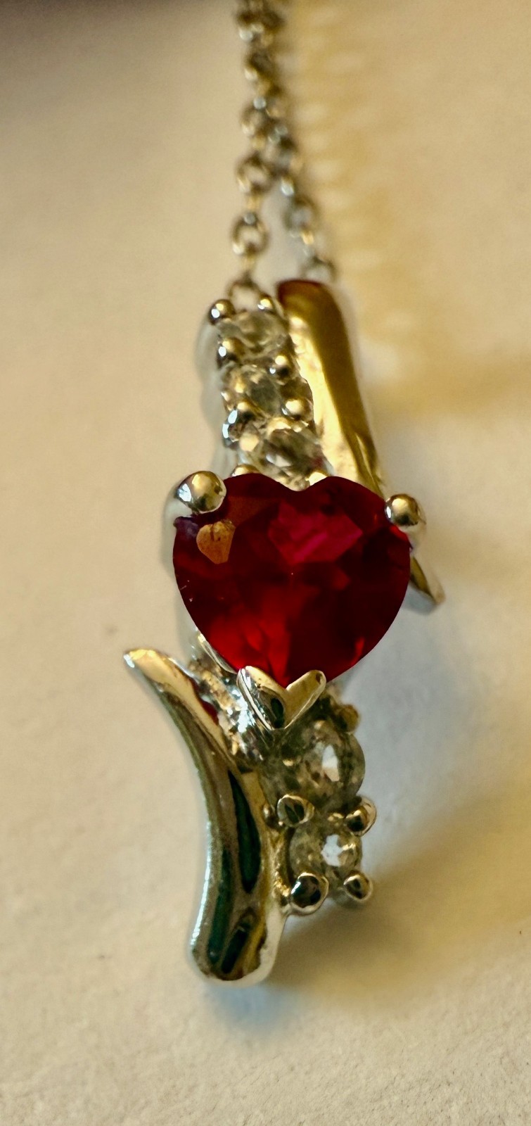 BSE 925 Sterling Silver Ruby Red Heart with 5 CZ Gemstones Necklace Pendant 18″