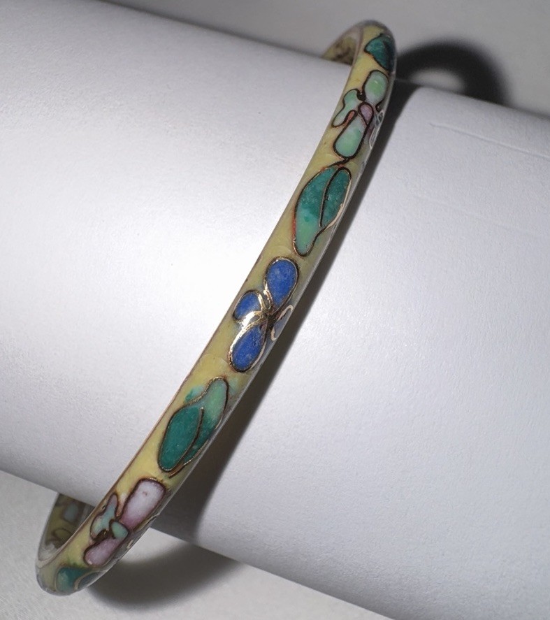 Vintage Cloisonne Floral Bangle Bracelet Enamel Gold Tone Yellow Green Pink Blue
