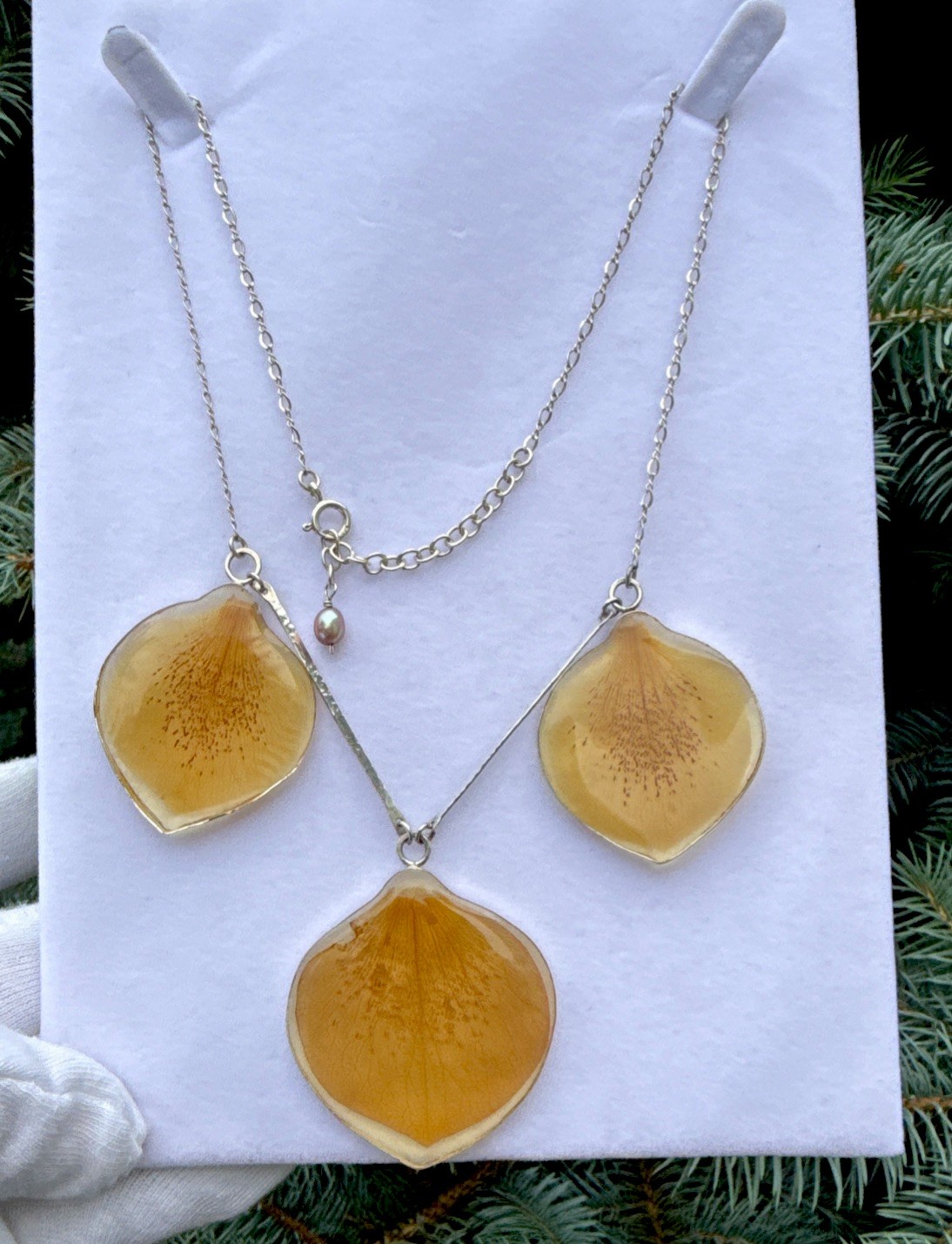 Vtg.Sign 925 Sterling Silver & Dried Petals In Resin Chain Necklace-19” Exc.